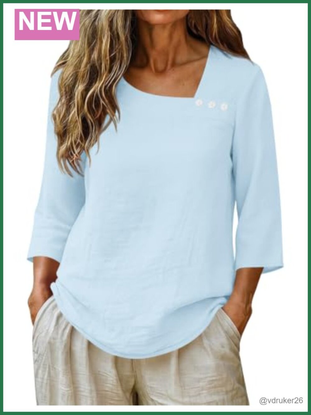 Womens 3/4 Sleeve Asymmetrical Neck Top Cotton Linen Blouse Tunic